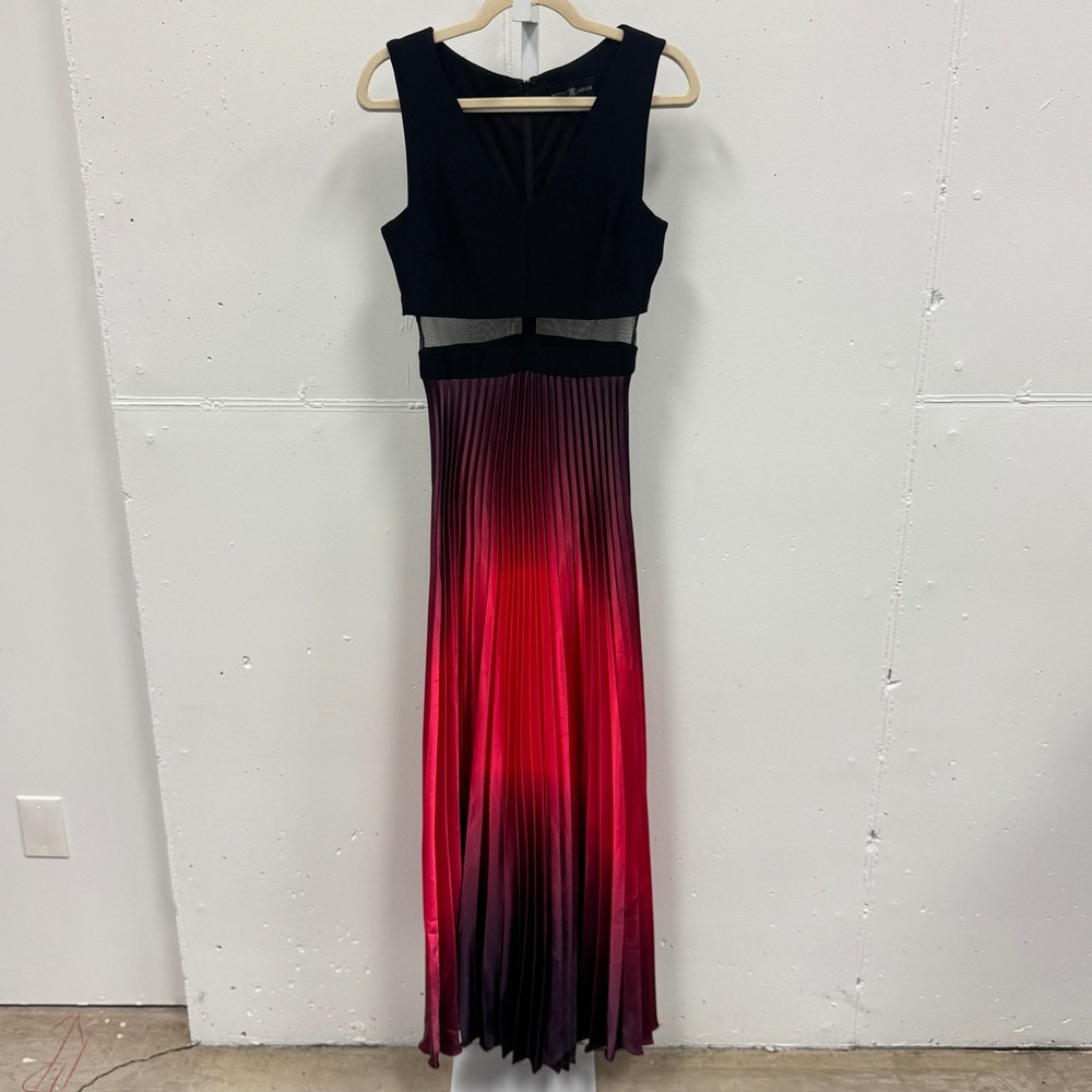 Betsy & Adam Ombre Pleated Maxi Gown Dress with Mesh Inset Waist Sz 6 Sleeveless